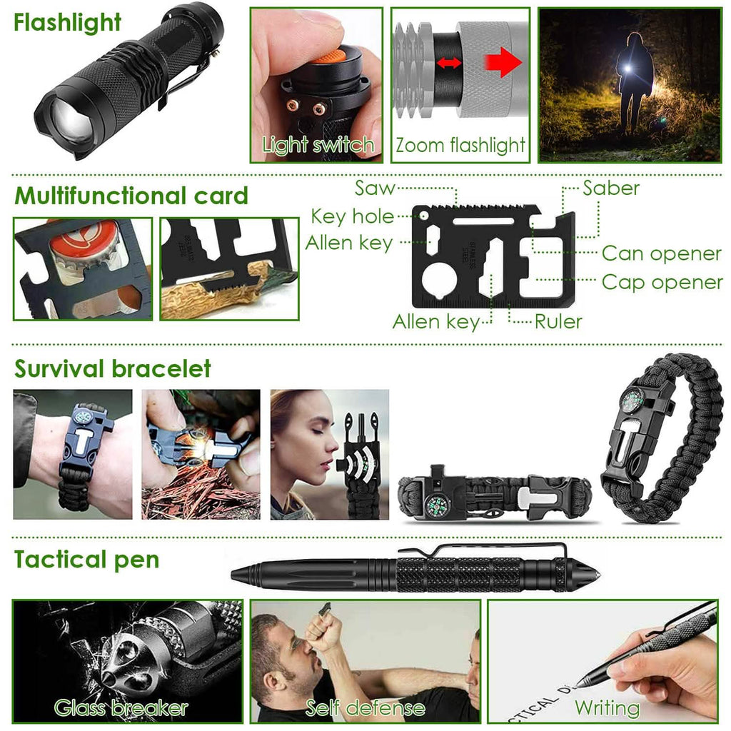 Kit de survie d'urgence 47 pièces - Outil et équipement EDC avec pochette