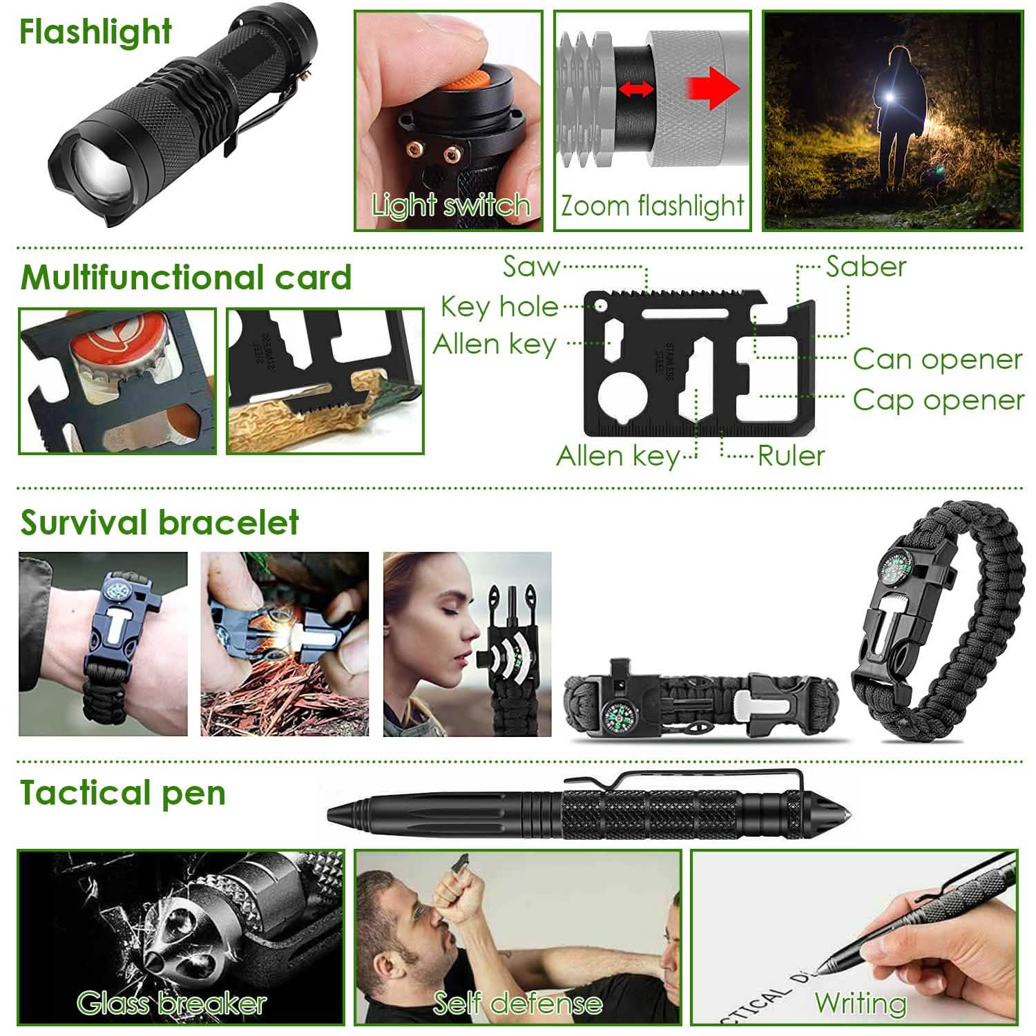Kit de survie d'urgence 47 pièces - Outil et équipement EDC avec pochette