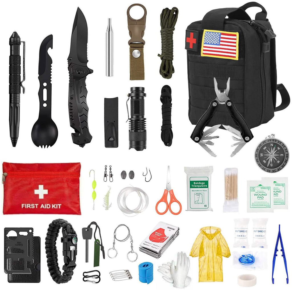 Kit de survie d'urgence 47 pièces - Outil et équipement EDC avec pochette