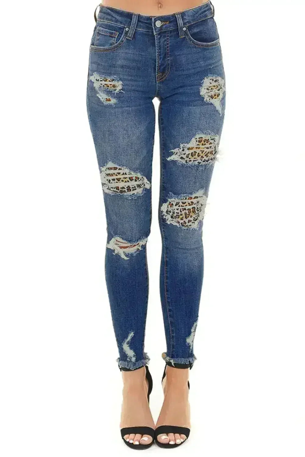 Jeans skinny délavé pour femme, bleu foncé, imprimé léopard, effet vieilli