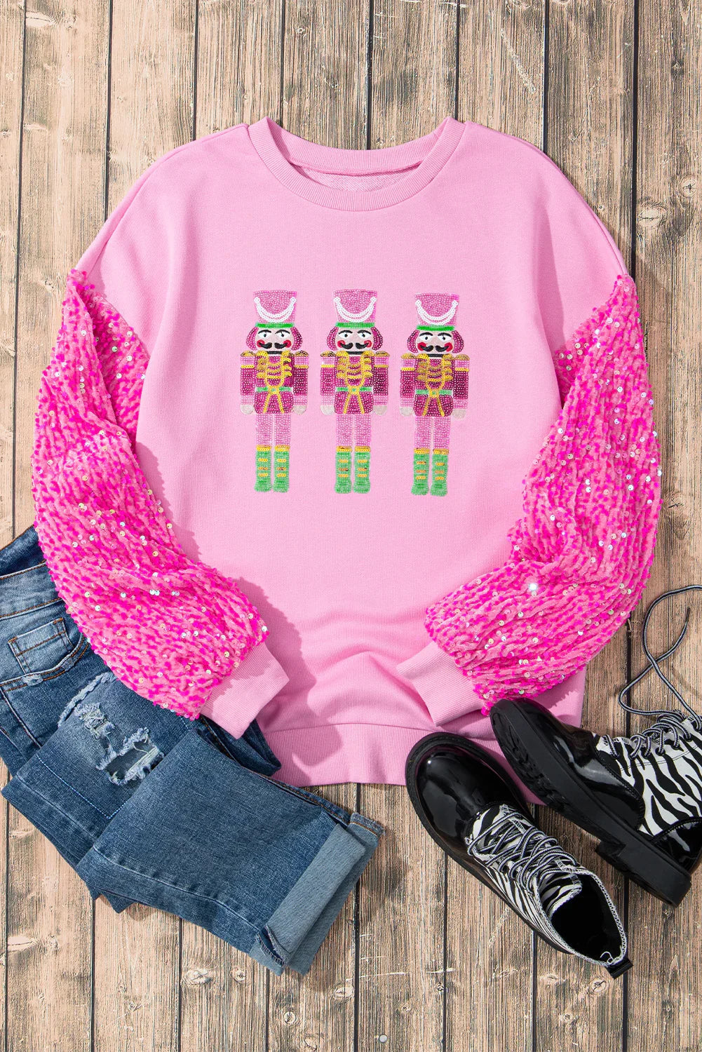 Sweat-shirt graphique Casse-Noisette rose à manches à sequins