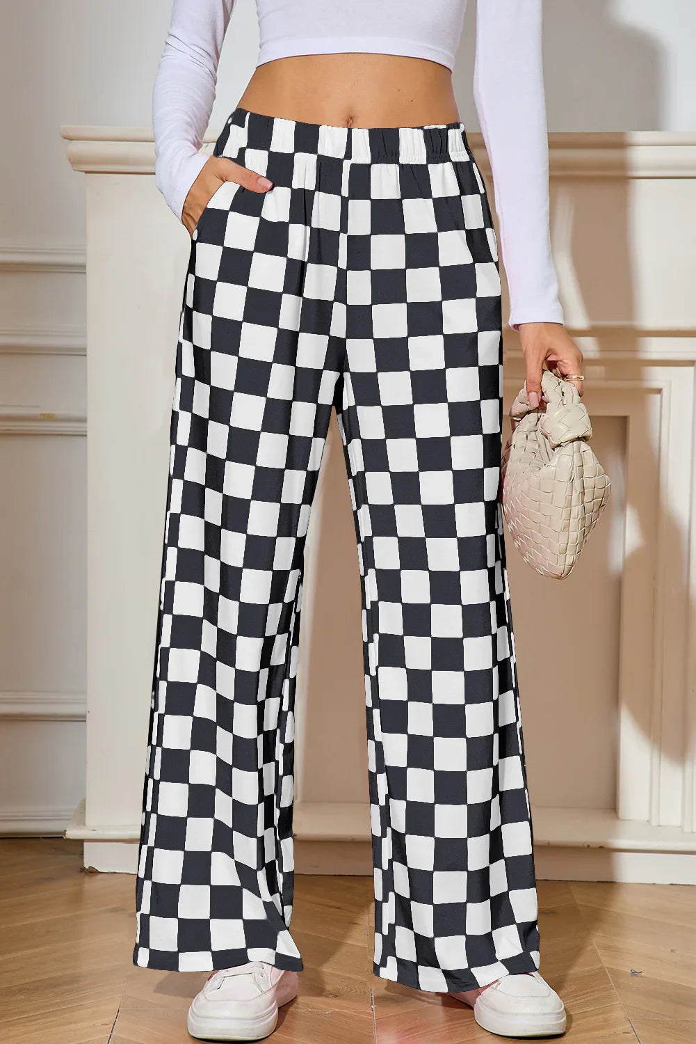 Pantalon ample taille haute à carreaux noirs