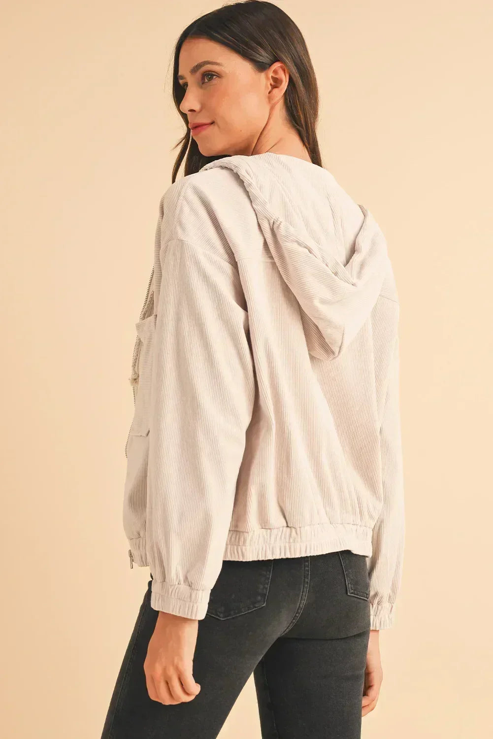 Veste à capuche zippée en velours côtelé bleu sarcelle véritable – Femstylo