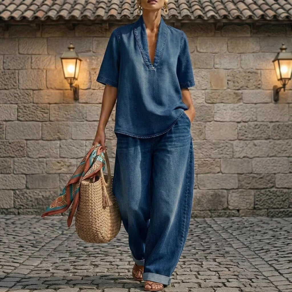 Ensemble haut col en V et pantalon large en jean délavé style rétro – 3 coloris, du S au 3XL
