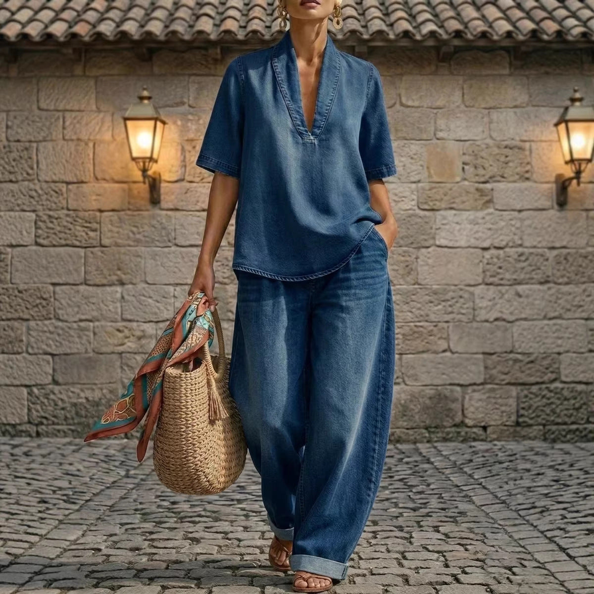 Ensemble haut col en V et pantalon large en jean délavé style rétro – 3 coloris, du S au 3XL