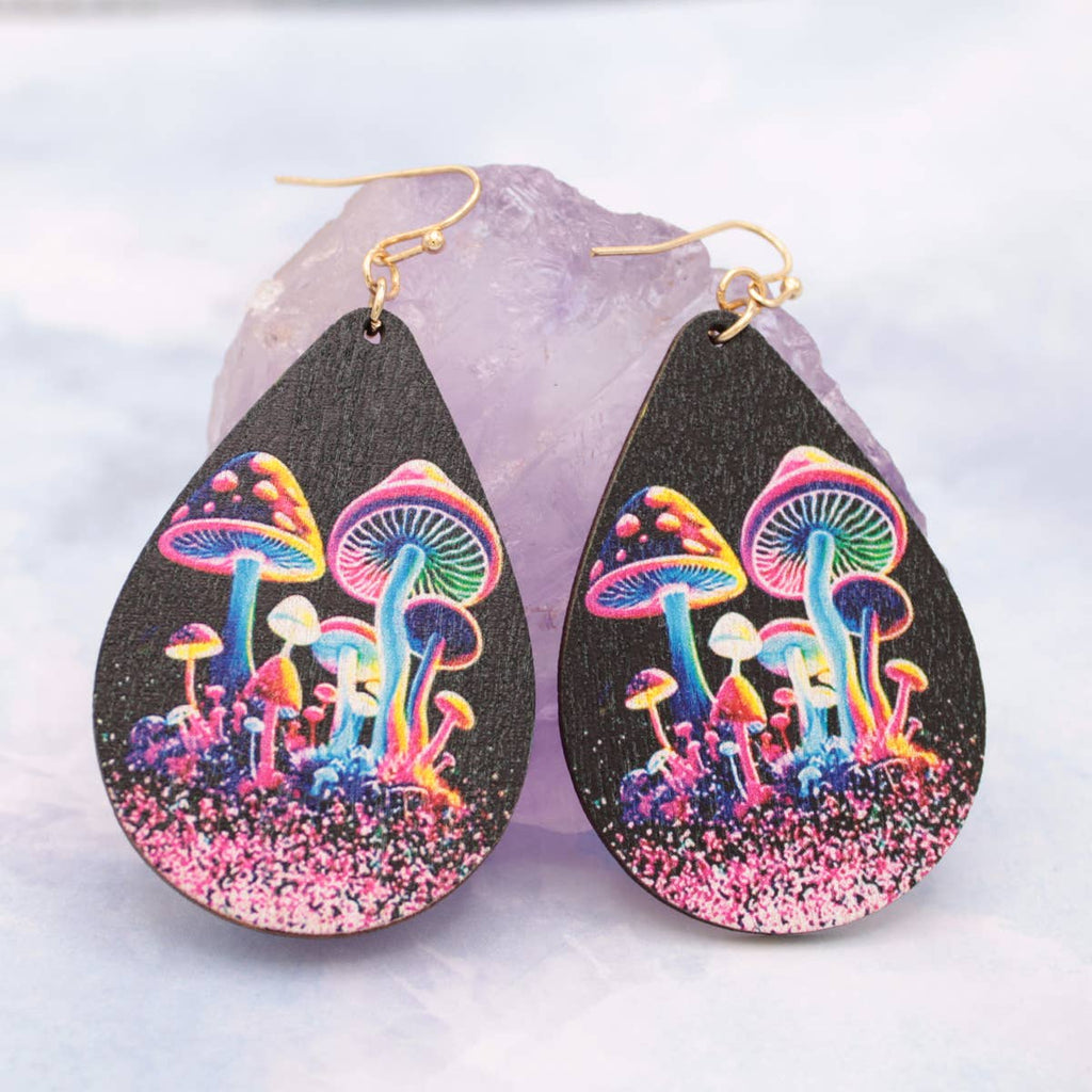 Boucles d'oreilles imprimées champignon en bois Magie Néon