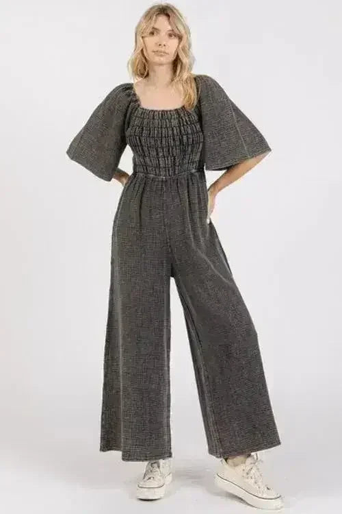 Combinaison Jumpsuit en Gaze Lavée Minérale - Barboteuse Ample Froncée à Jambes Larges | Femstylo
