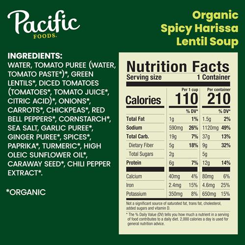 Soupe de lentilles au harissa épicé bio Pacific Foods, végétale, boîte de 462 g