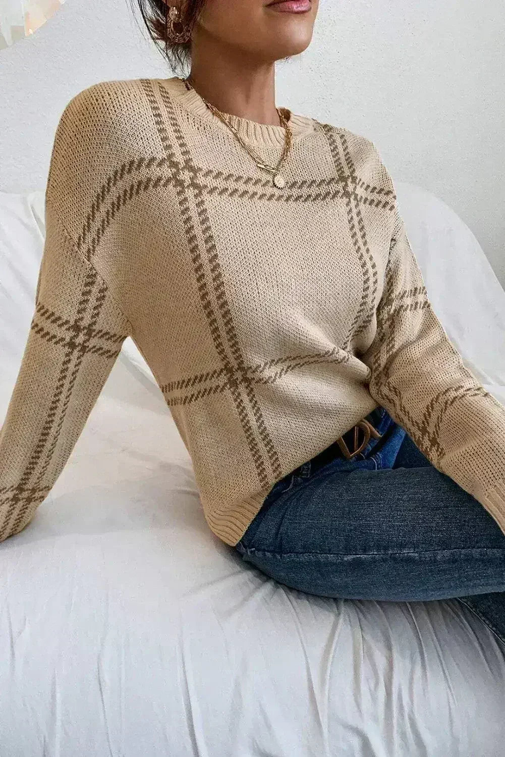 Pull en maille à carreaux kaki avec épaules tombantes