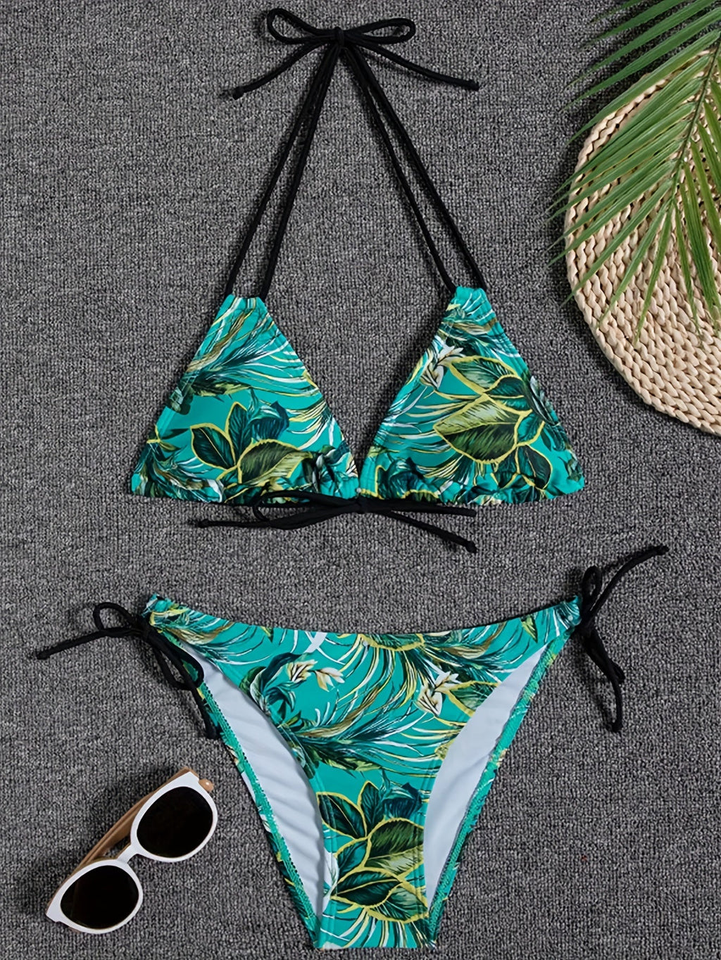 Ensemble Bikini Triangle 2 Pièces Femme Sunset Bloom – Maillot de Bain Vibrant à Imprimé Floral Aléatoire, Dos Nu avec Liens, Bas à Nouer sur les Côtés et Jambes Échancrées – Maillot de Bain Extensible pour Femme pour les Escapades Estivales à la Plage