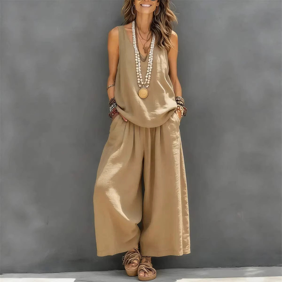 Ensemble débardeur sans manches et pantalon large en coton et lin pour femme