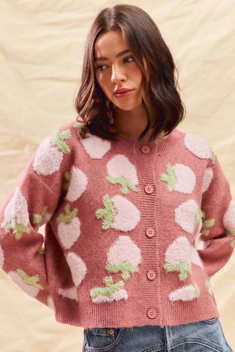 SO ME Cardigan en maille boutonnée à motif de fraises