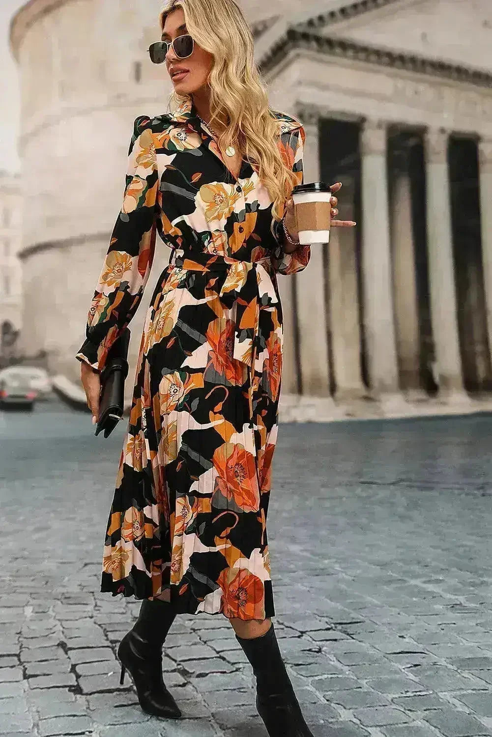Robe chemise plissée florale - Robe midi à nouer à la taille | Femstylo