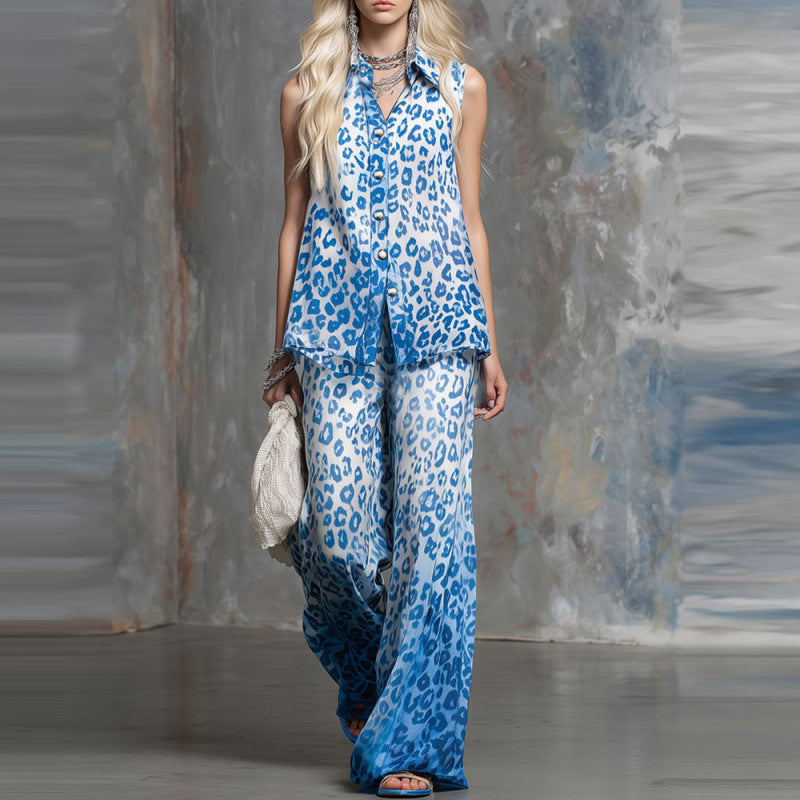 Ensemble deux-pièces chemise sans manches et pantalon amples à imprimé léopard