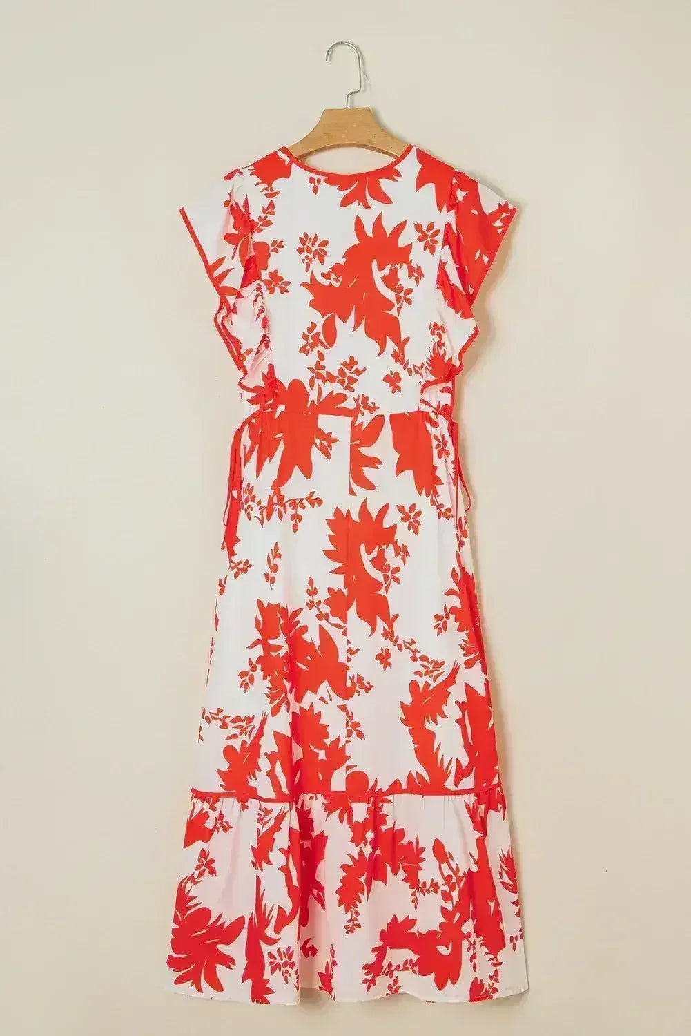 Robe longue rouge à imprimé floral, encolure en V et manches à volants