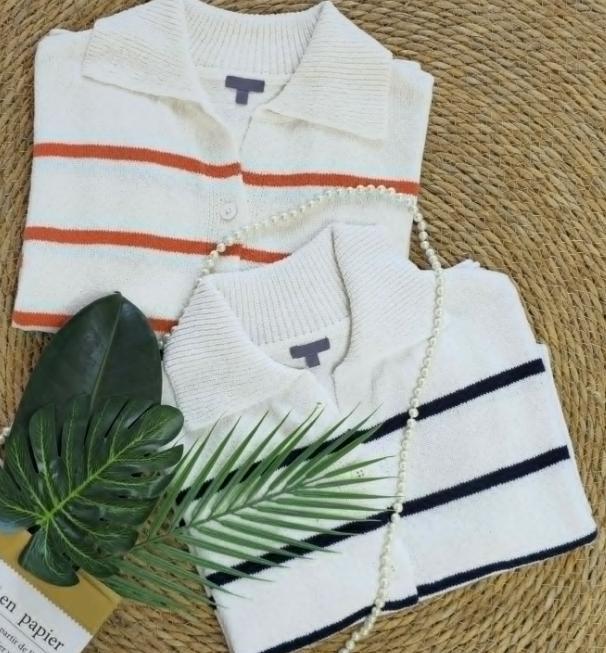 Cardigan en maille boutonnée pour femme avec manches courtes rayées