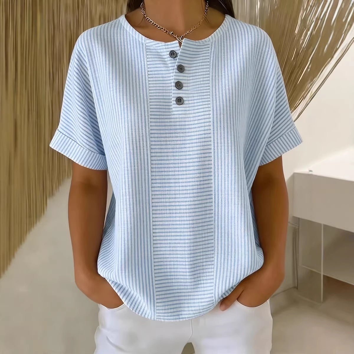 T-Shirt Rayé Femme en Coton et Lin – Col en V, Détails Boutonnés, Coupe Ample
