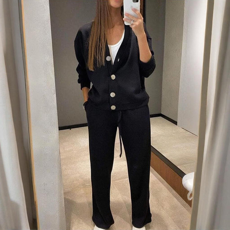 Cardigan en maille décontracté avec poche et pantalon de survêtement à cordon de serrage