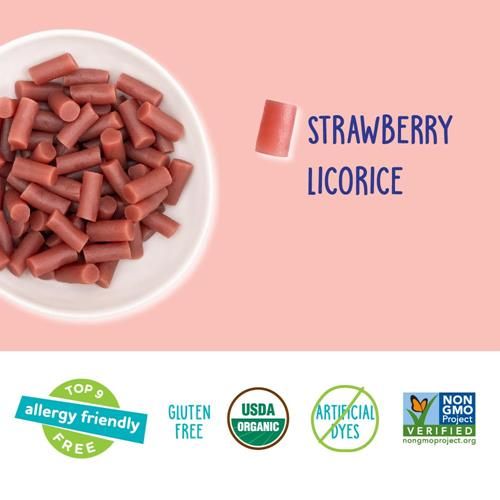Yumearth Sachets Individuels de Réglisse Bio à la Fraise sans Gluten - Adaptés aux Personnes Allergiques, Sans Gluten, Sans OGM, Végétaliens, Sans Arômes ni Colorants Artificiels - 142g (Paquet de 1).