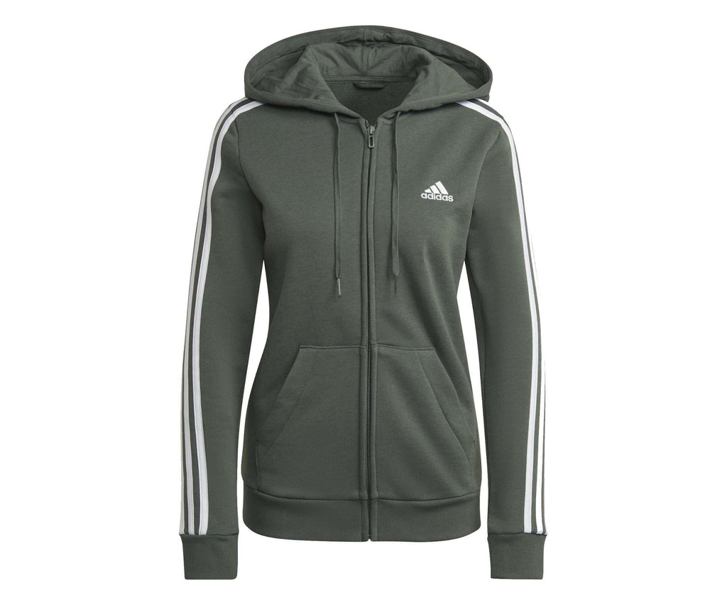 adidas Sweat à capuche zippé en molleton Essentials 3-Stripes pour femme - VERT OXYDE BLANC