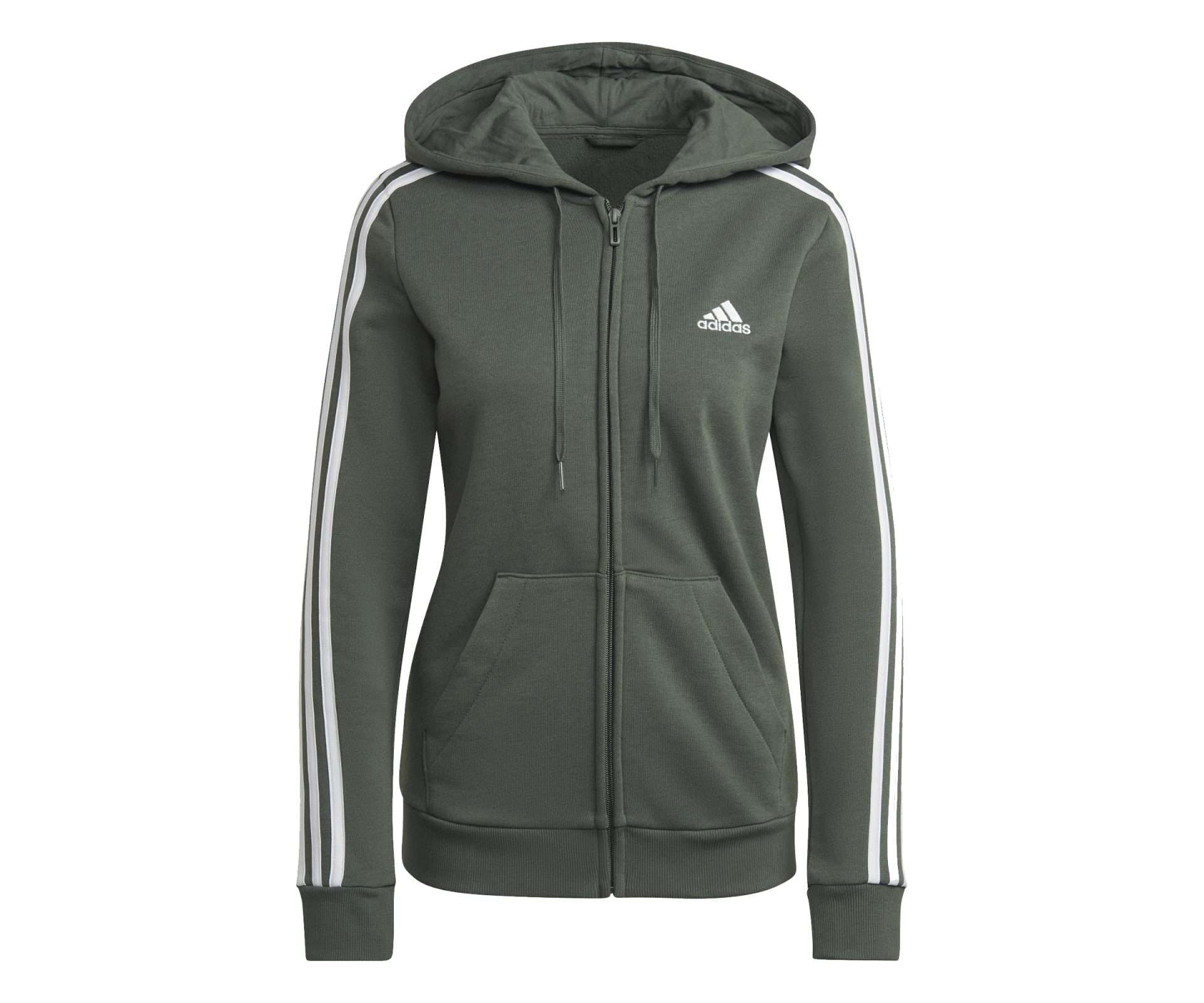 adidas Sweat à capuche zippé en molleton Essentials 3-Stripes pour femme - VERT OXYDE BLANC
