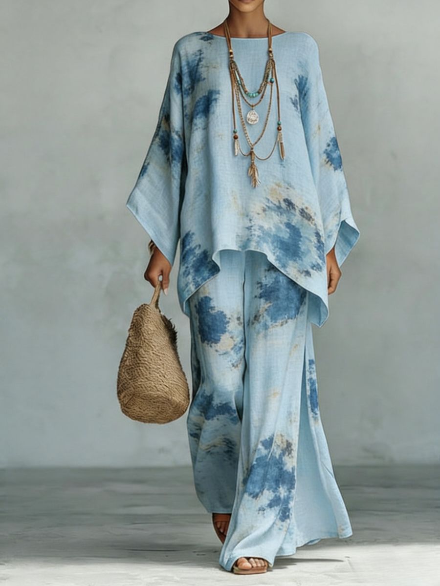 Ensemble deux pièces en lin de bambou à imprimé floral | Pantalon large