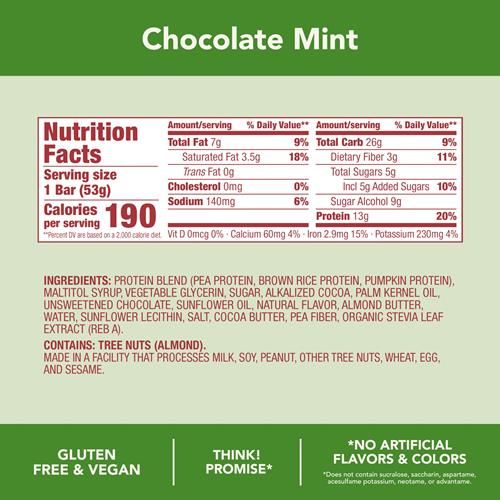 Think! Barres hyperprotéinées végétaliennes/végétales - Chocolat Menthe, 13g de protéines, 5g de sucre, sans édulcorants artificiels, vérifié par le projet sans OGM, paquet de 10 (l'emballage peut varier)