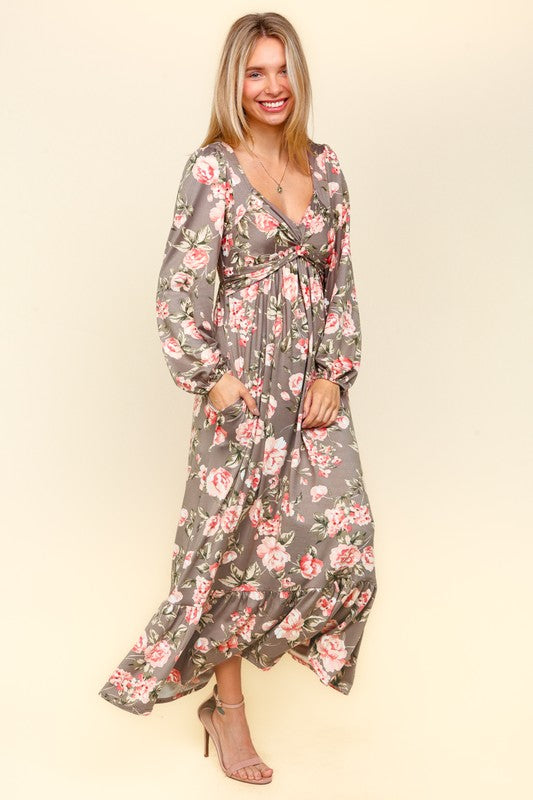 Robe florale à détail torsadé et ourlet volanté avec poches latérales pour femme – Imprimé floral féminin, détail torsadé sophistiqué, ourlet volanté amusant et poches pratiques