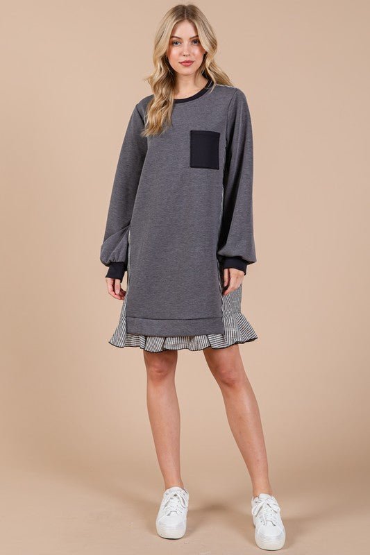 Robe Pull Éponge Femme Col Rond Rayée Patchwork – Décontractée, Tendance, Confortable, Ludique, Ambiance Relax pour Tous les Jours
