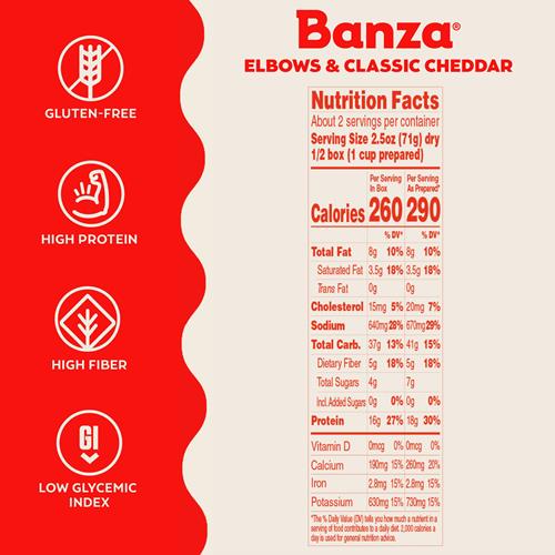 Banza Macaroni Coudes & Fromage Cheddar Classique - Riches en protéines, sans gluten et faibles en glucides - Macaroni au fromage protéiné - 156 g