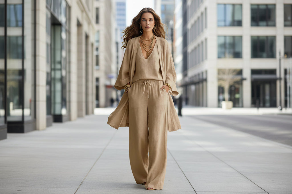 Ensemble trois pièces pour femme : Gilet cardigan à col en V, gilet à poches et pantalon long