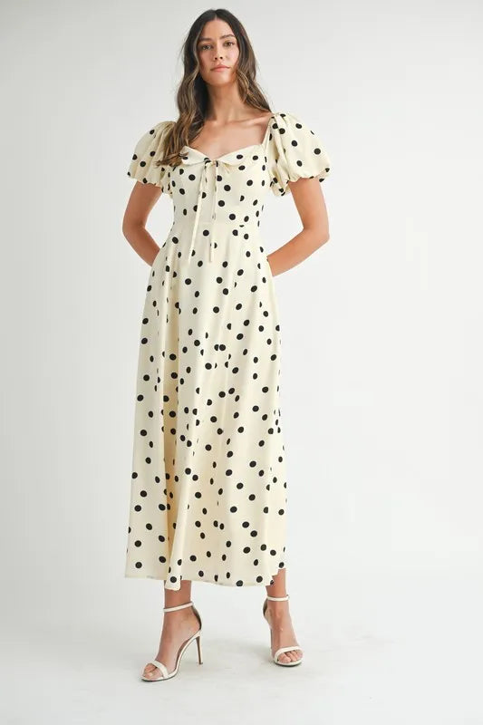Robe mi-longue à pois et manches bouffantes pour femmes – Robe vintage à pois et volants, Robe féminine à manches bouffantes, Robe mi-longue rétro, Robe chic classique