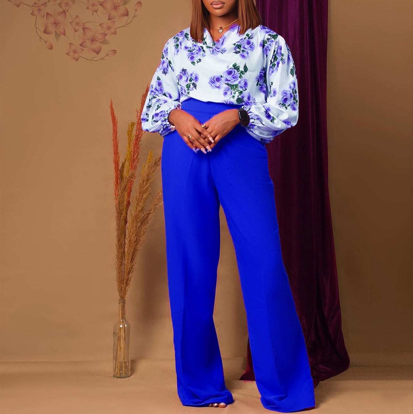 Ensemble Haut Lacé Imprimé Floral & Pantalon Large – 4 Couleurs, S–3XL
