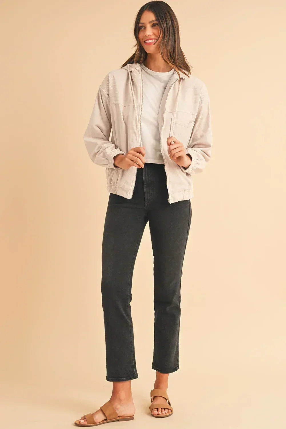 Veste à capuche zippée en velours côtelé bleu sarcelle véritable – Femstylo