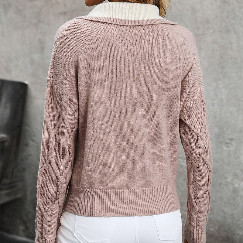🧶 Pull en tricot à col en V, color block et manches longues pour femmes
