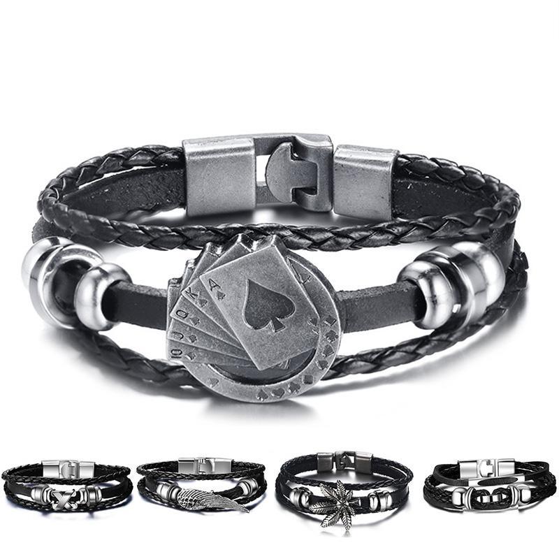 Bracelet en cuir Lucky Vintage pour hommes avec breloque cartes à jouer, tressé multicouche, cadeau pour hommes et femmes