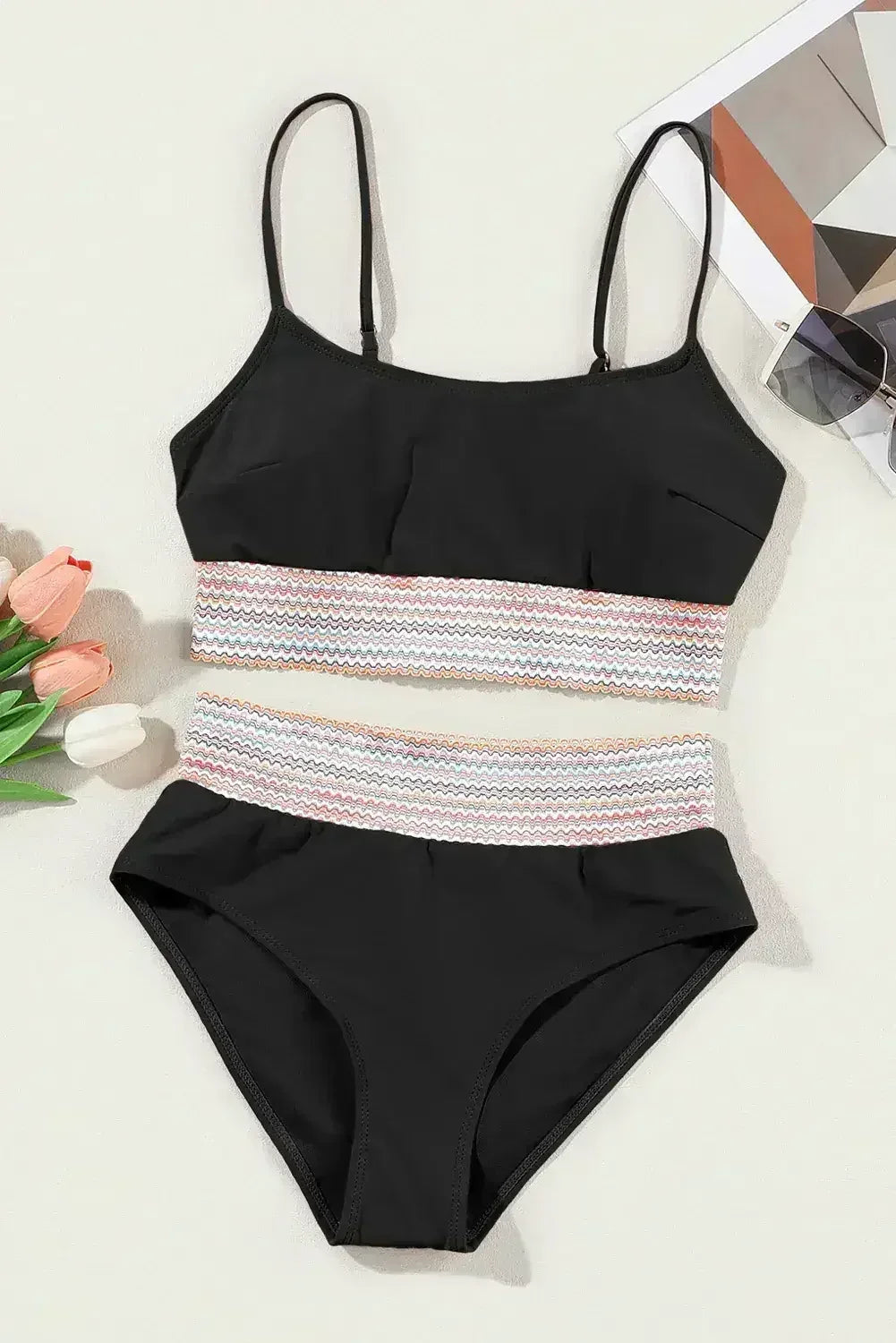 Ensemble bikini taille haute à fines bretelles patchwork rayé rose