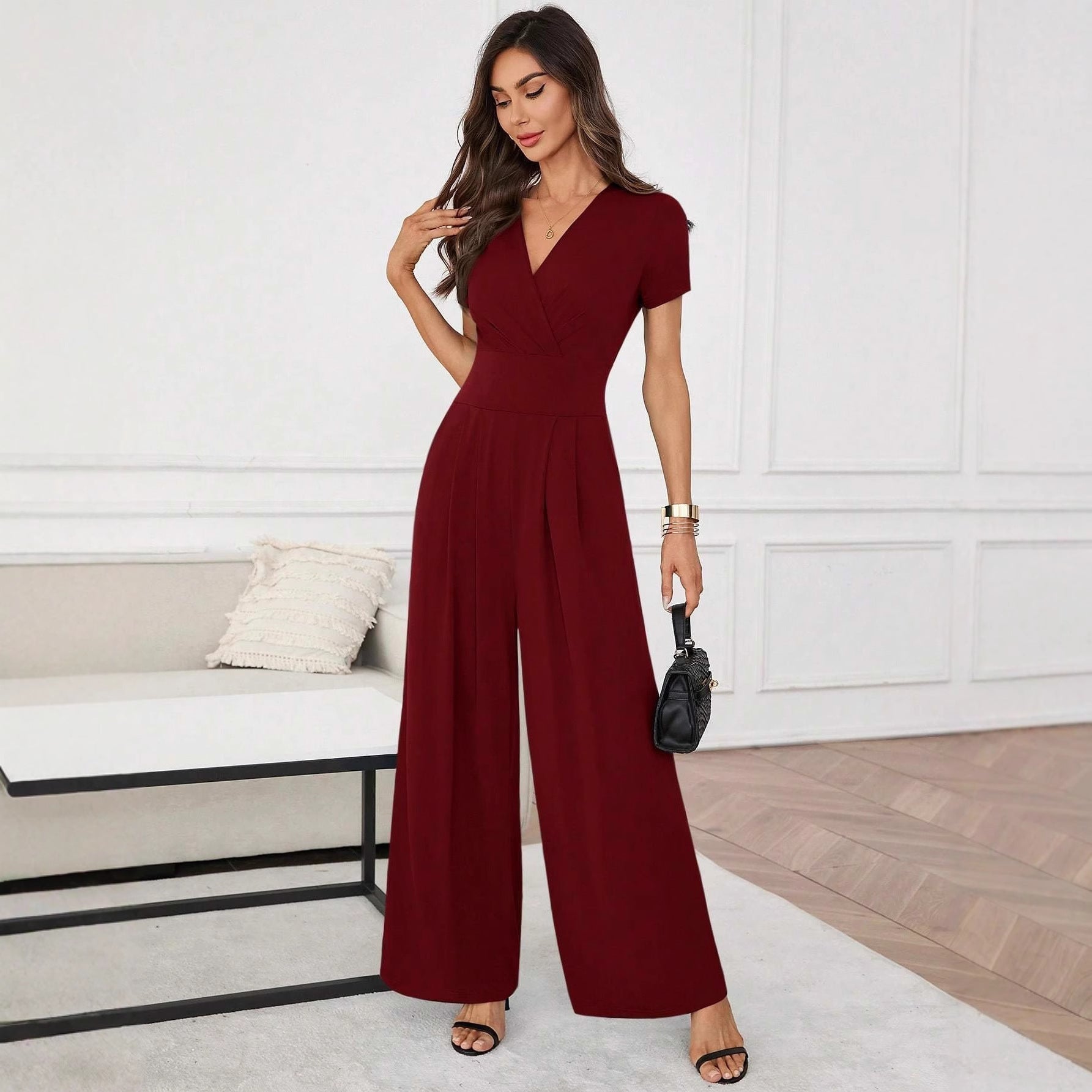Combinaison plissée à jambes larges et manches trois quarts | 2 couleurs S-XL