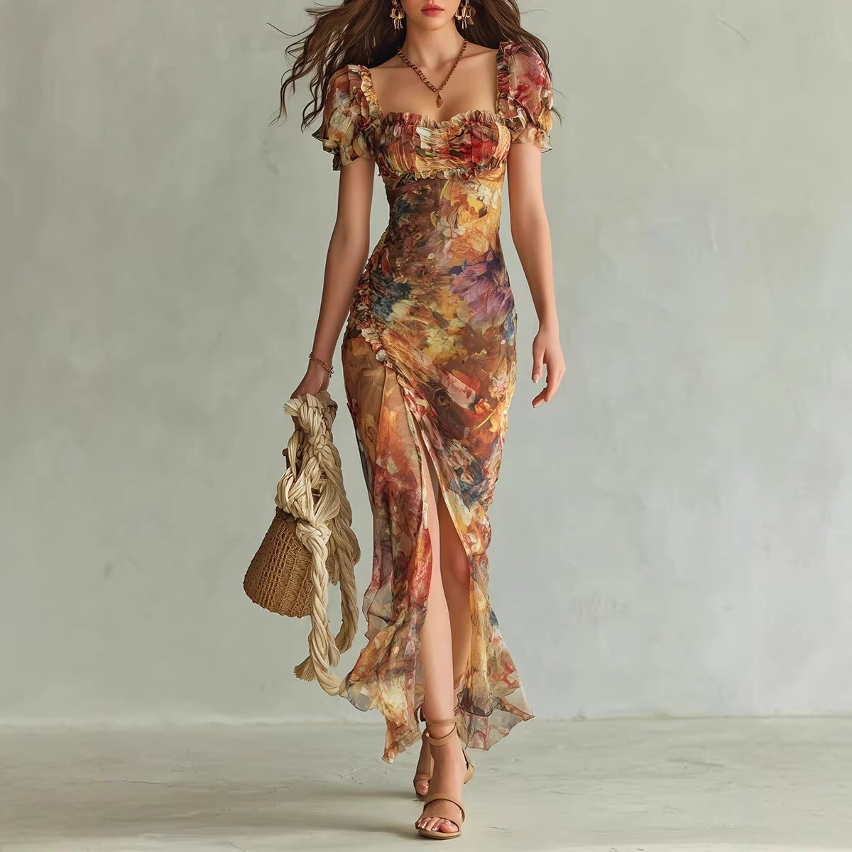 Robe longue orange avec décolleté en V, taille cintrée et ourlet à volants – Coupe moulante