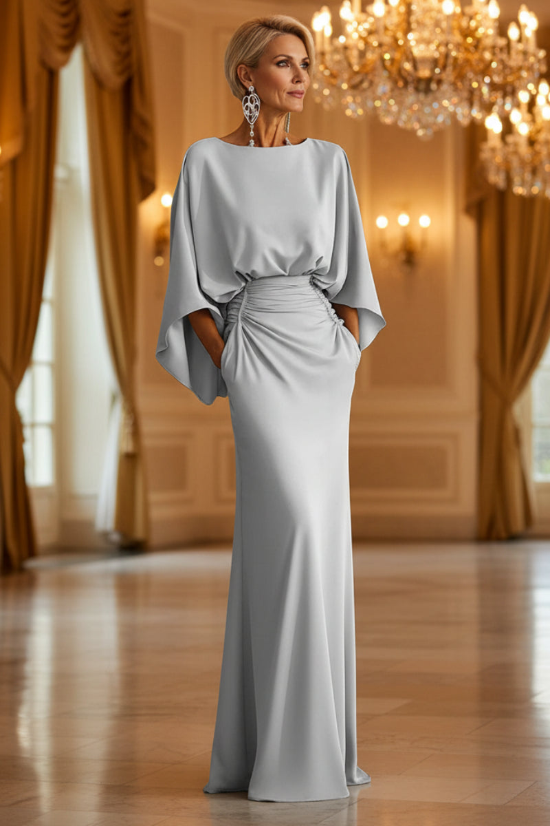 Robe longue élégante pour femme, dos nu, plissée, manches chauve-souris — Robe sirène argentée
