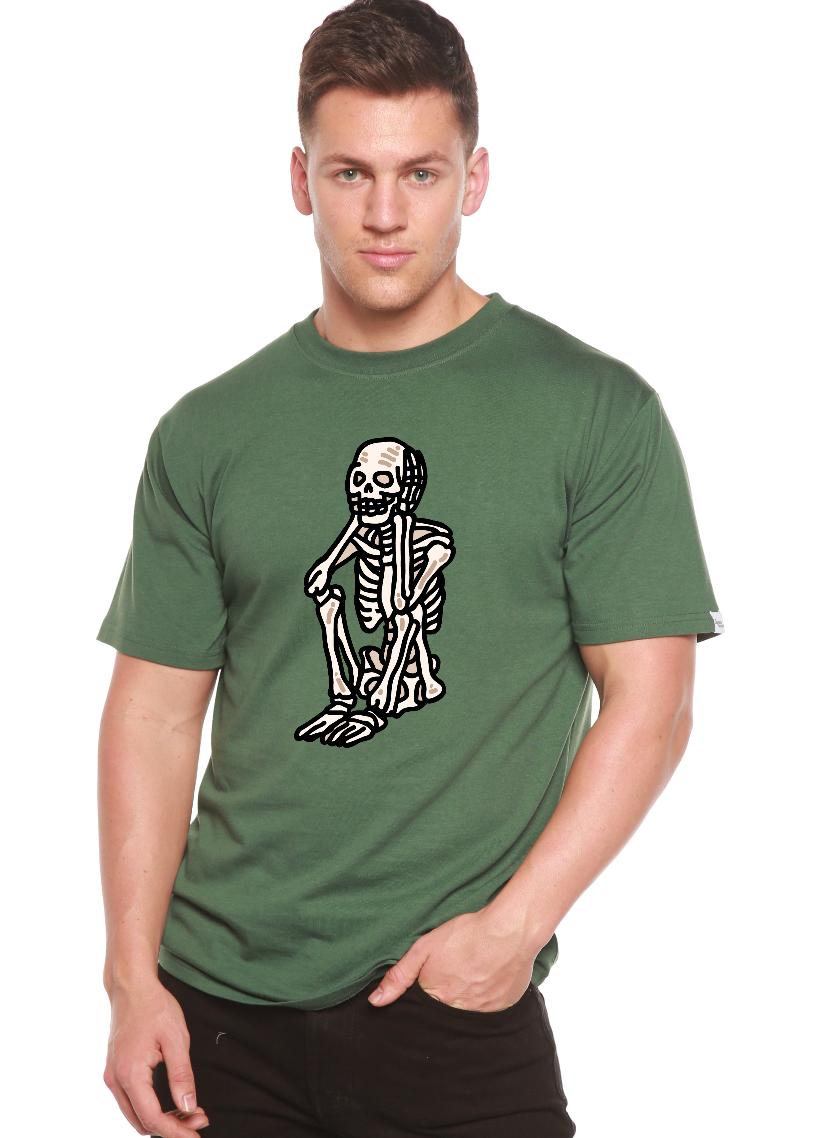 T-shirt graphique unisexe squelette triste Halloween en bambou viscose/coton biologique à manches courtes