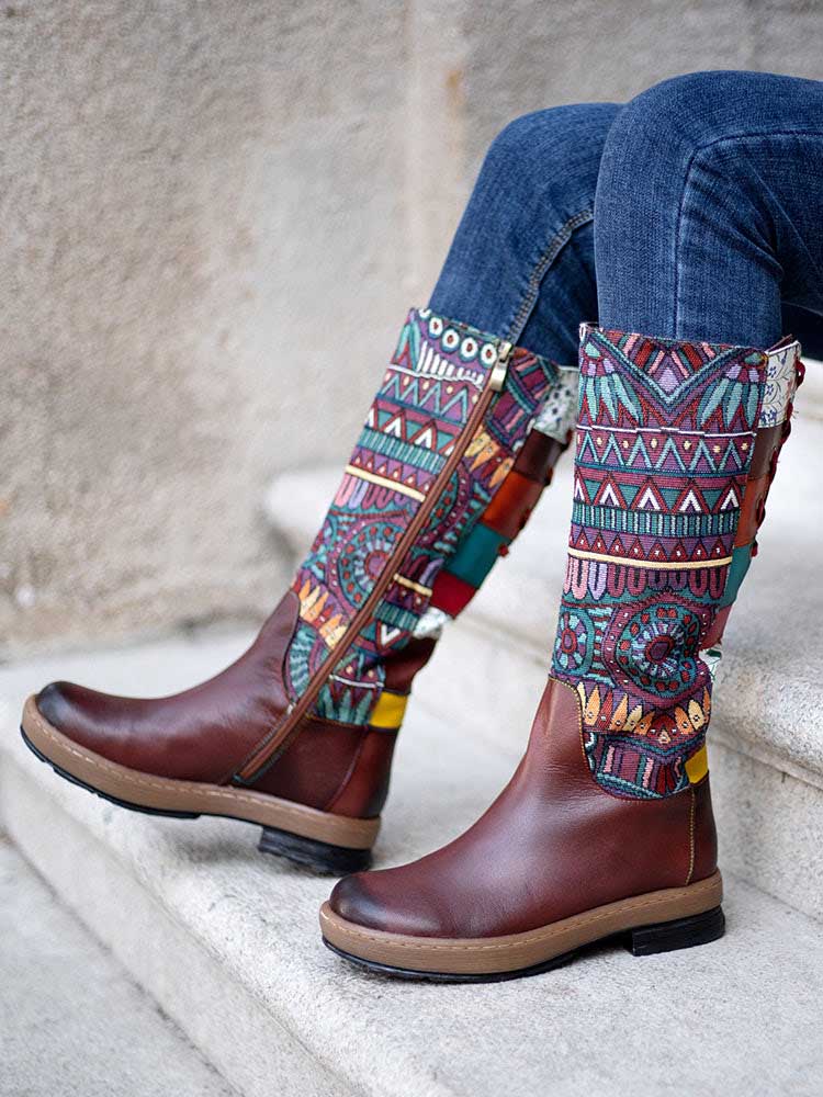 Bottes hautes à motif d'épissure en cuir style bohème