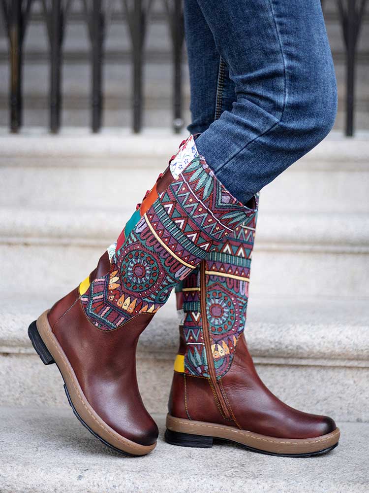 Bottes hautes à motif d'épissure en cuir style bohème