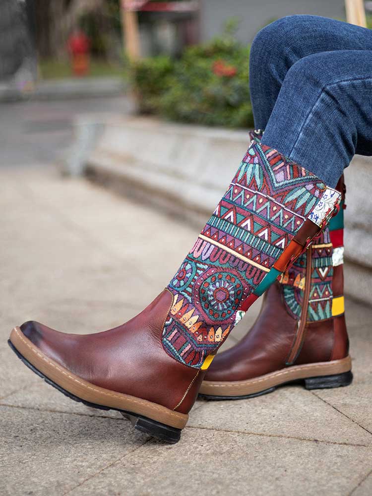 Bottes hautes à motif d'épissure en cuir style bohème