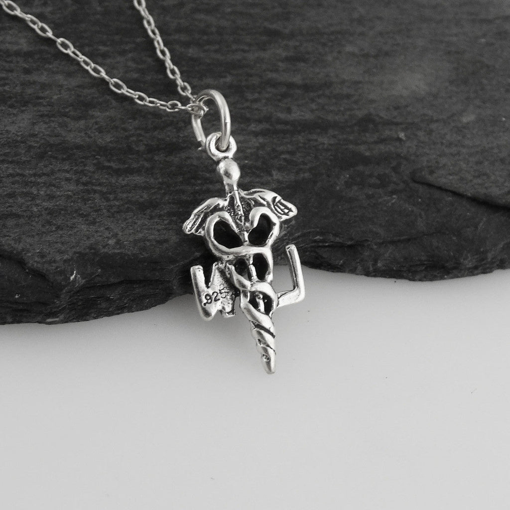 Collier Caducée IDE – Pendentif en argent sterling symbole médical sur chaîne de 40 cm