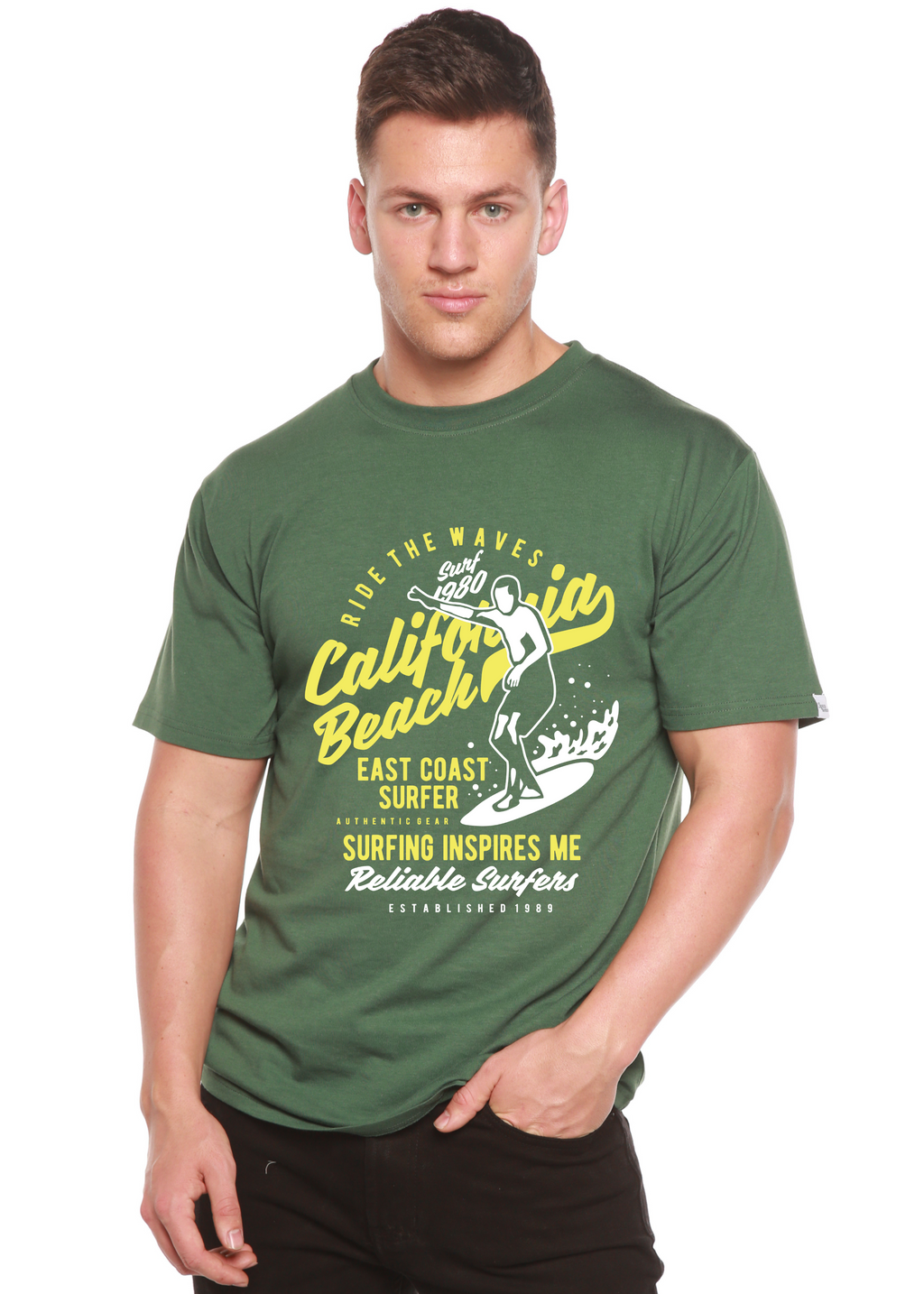 T-shirt graphique à manches courtes en viscose de bambou/coton biologique pour homme Spun Bamboo® "Ride The Waves"