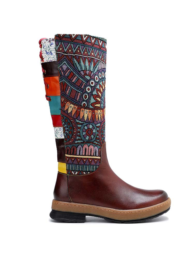 Bottes hautes à motif d'épissure en cuir style bohème