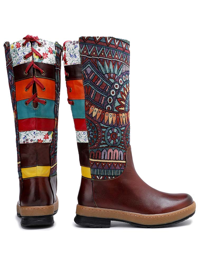 Bottes hautes à motif d'épissure en cuir style bohème