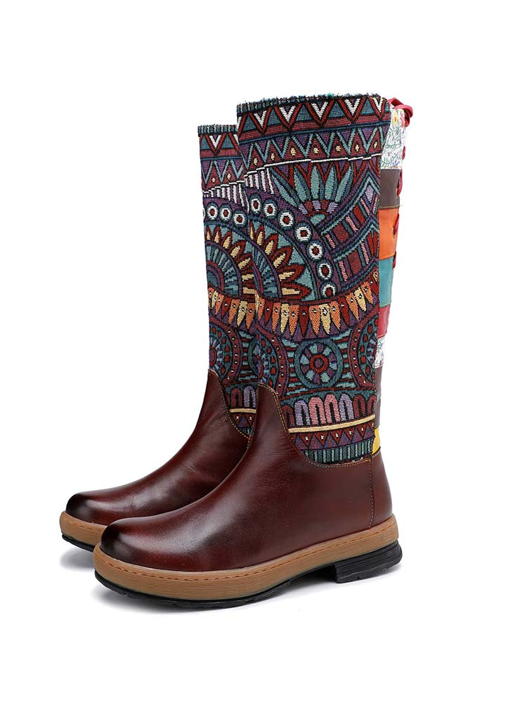 Bottes hautes à motif d'épissure en cuir style bohème