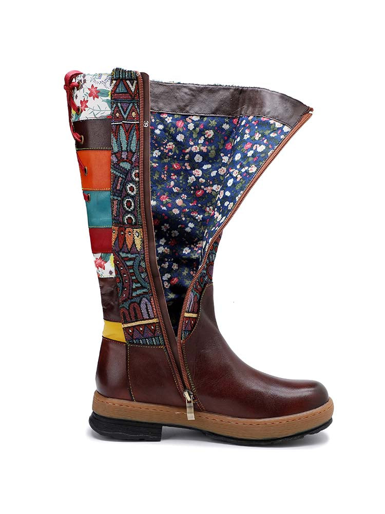Bottes hautes à motif d'épissure en cuir style bohème
